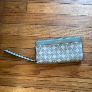 Fossil Green Jori Jacquard Zip Clutch Wristlet 12 Card Slots